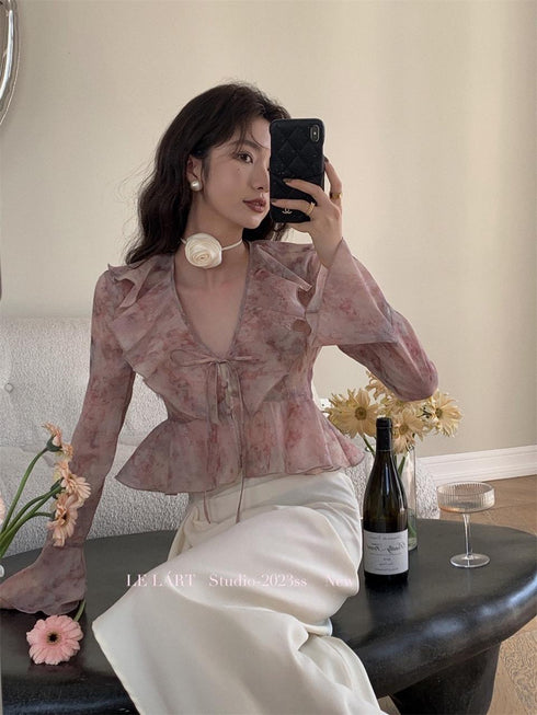 Spring Ruffled Neckline Crop Tops